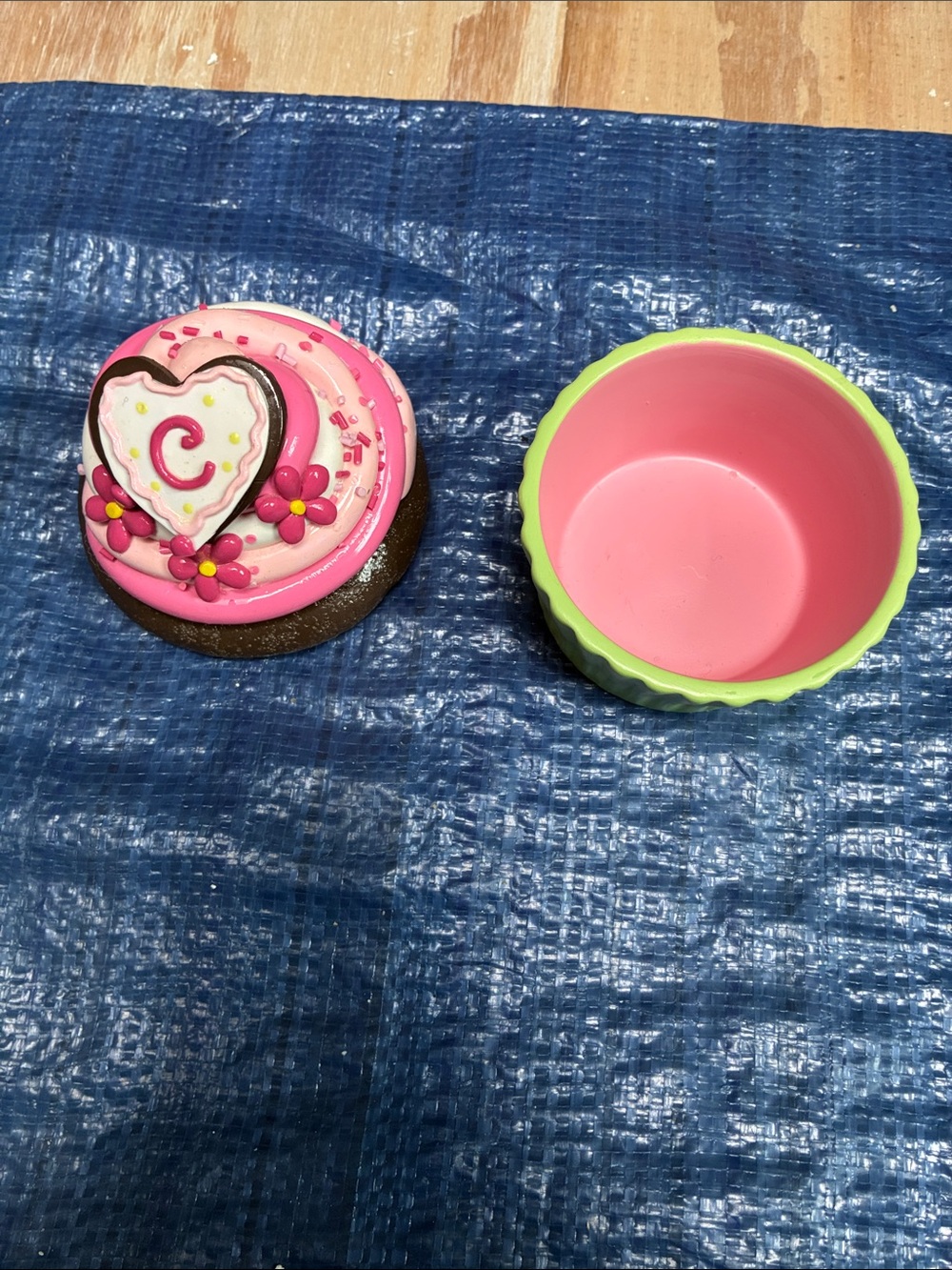 Pink Heart Cupcake Trinket Box with Lime Green Rim